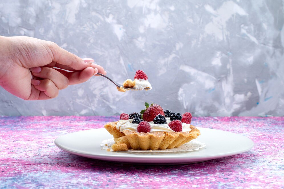 delicious creamy cake with different fresh berries inside plate bright light desk berry fruit fresh sour_140725 32508